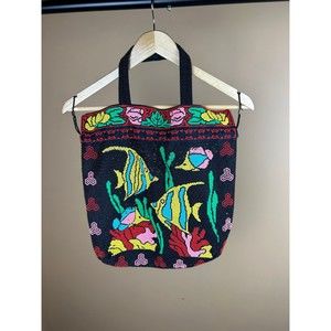 Vintage Beaded Handbag drawstring Purse Tote Fish Ocean Motif